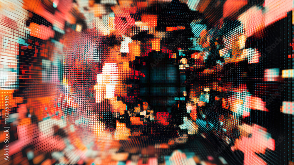 Obraz premium Vibrant digital abstract art showcasing colorful pixel patterns and dynamic depth perception in a contemporary setting