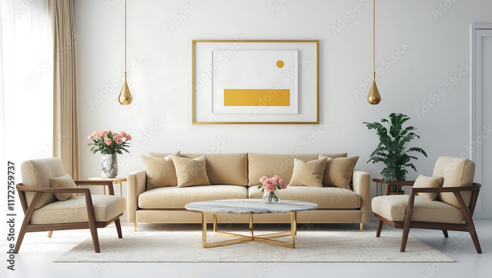 Obraz premium Stylish living room interior with sofa and drawer with art decoration concept with mock up canvas poster on molding wall image. White living room interior two armchairs and coffee table on carpet.