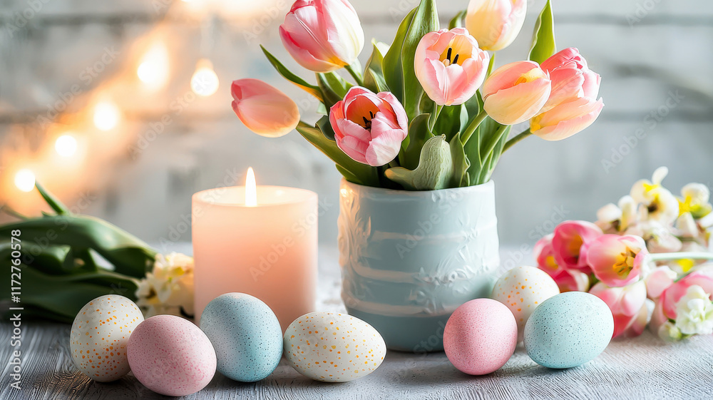 A pastel Easter table centerpiece featuring a vase of tulips, decorated eggs, and candles, creating a soft, festive ambiance perfect for seasonal celebrations and elegant spring decor. A pastel Easter table centerpiece featuring a vase of tulips, decorated eggs, and candles, creating a soft, festive ambiance perfect for seasonal celebrations and elegant spring decor.