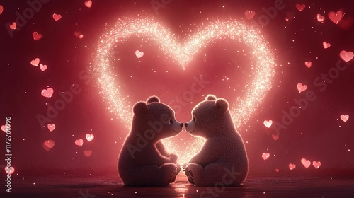 Wallpaper Mural Cute animated bears share a romantic moment, surrounded by glowing hearts, symbolizing love and affection in a whimsical setting. Torontodigital.ca