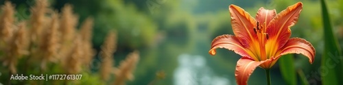 Droopy lily with brown fuzzy reedland background, foliage, water plants, seaside plants photo