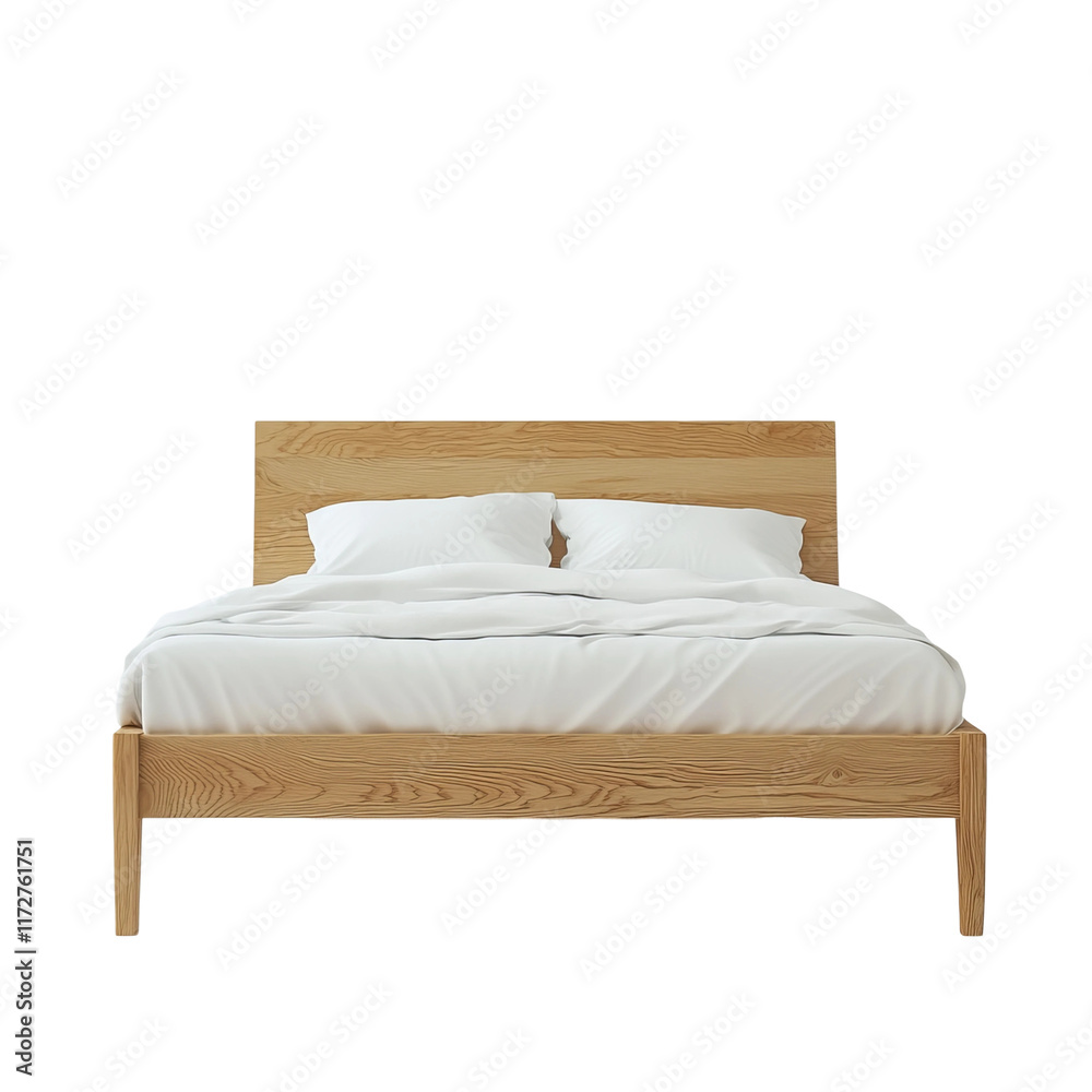 Comfort Haven: An inviting bedroom setting showcasing a minimalist wooden bed frame adorned with crisp, white linens, evoking a sense of calm and relaxation.