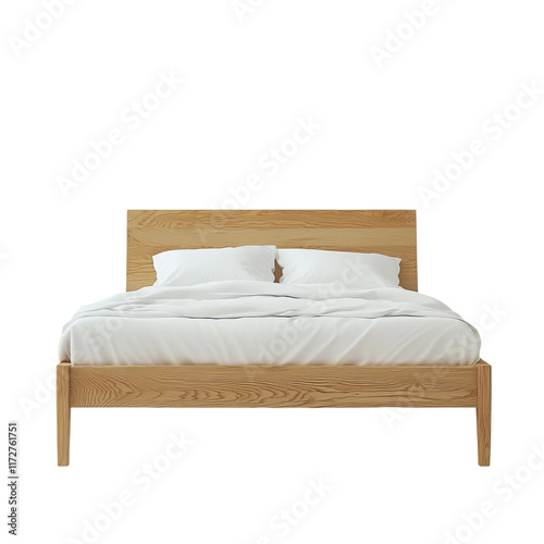 Obraz na płótnie Comfort Haven: An inviting bedroom setting showcasing a minimalist wooden bed frame adorned with crisp, white linens, evoking a sense of calm and relaxation. w salonie