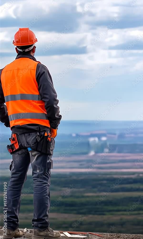 Construction worker observing a landscape from a building site. Construction worker observing a landscape from a building site.