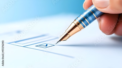 Close-up of a pen marking a checkbox on a ballot form, ballot marking, election decision photo