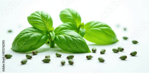 Fresh Sweet Basil seeds scattered on a white background, green, Ocimum canum Sims photo