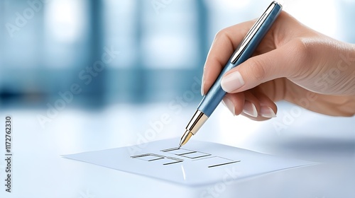 Close-up of a pen marking a checkbox on a ballot form, ballot marking, election decision photo