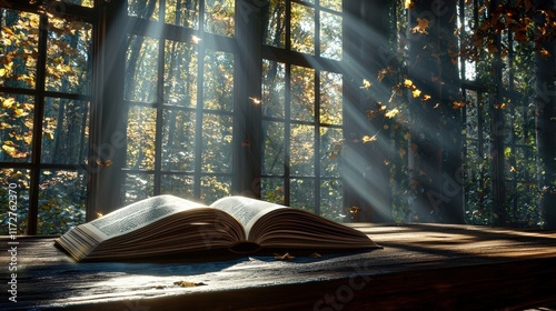 A large open book placed on a rustic wooden table with sunlight streaming through a nearby window, representing the pursuit of knowledge
