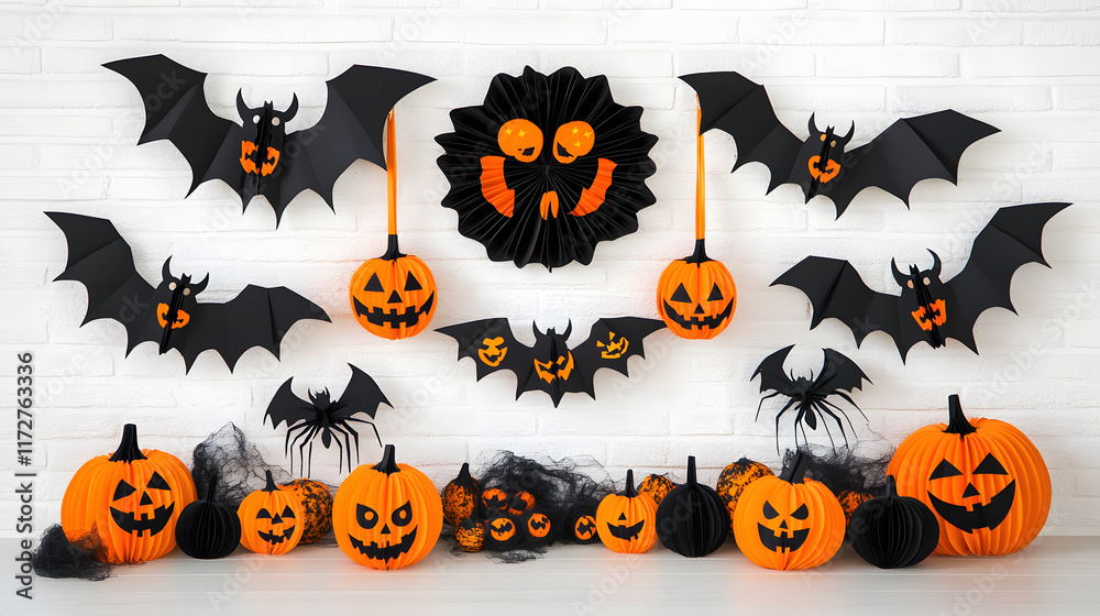 Halloween Scene with Jack-o'-Lanterns, Black Bats, and Autumn Leaves on White Brick Wall Halloween Scene with Jack-o'-Lanterns, Black Bats, and Autumn Leaves on White Brick Wall