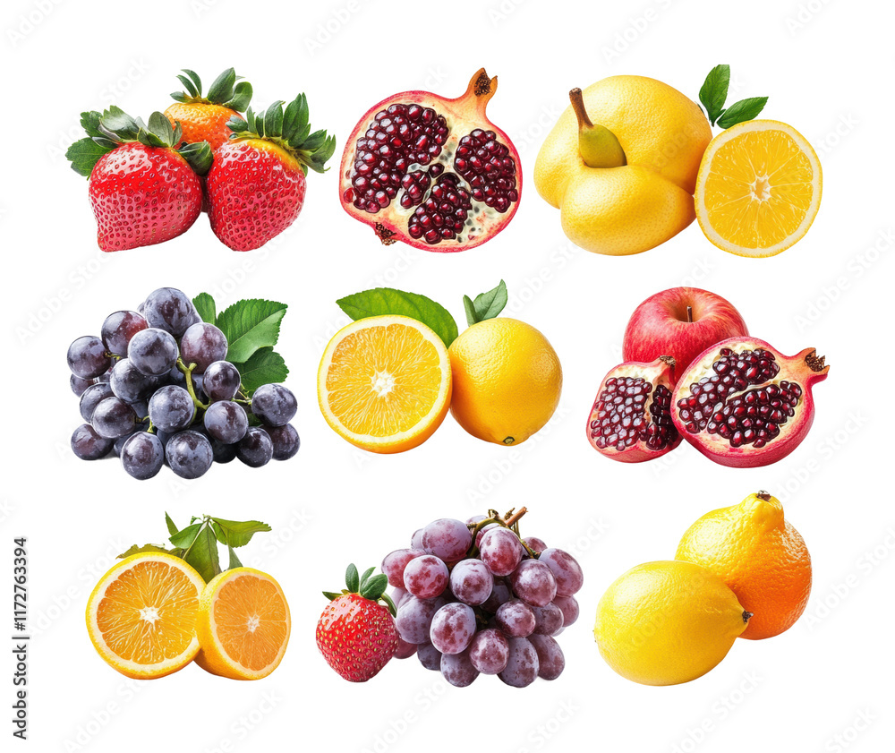 Fresh summer citrus and exotic fruits arranged beautifully on a white background. Isolated on transparent background, png. Fresh summer citrus and exotic fruits arranged beautifully on a white background. Isolated on transparent background, png.