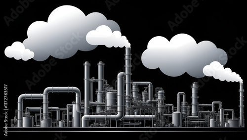 Perfluorocarbon PFCs in cloud grey on black background. Air pollution emissions with manufacturing industry, cooling system causes of greenhouse gases. Ecology biochemistry scientific concept. Vector. photo