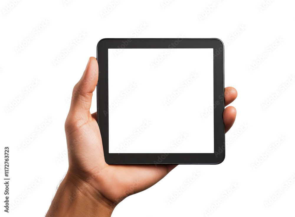 Male hand holding horizontal blank tablet with white screen, digital device concept for design, technology, apps, and copy space isolated on transparent background Male hand holding horizontal blank tablet with white screen, digital device concept for design, technology, apps, and copy space isolated on transparent background