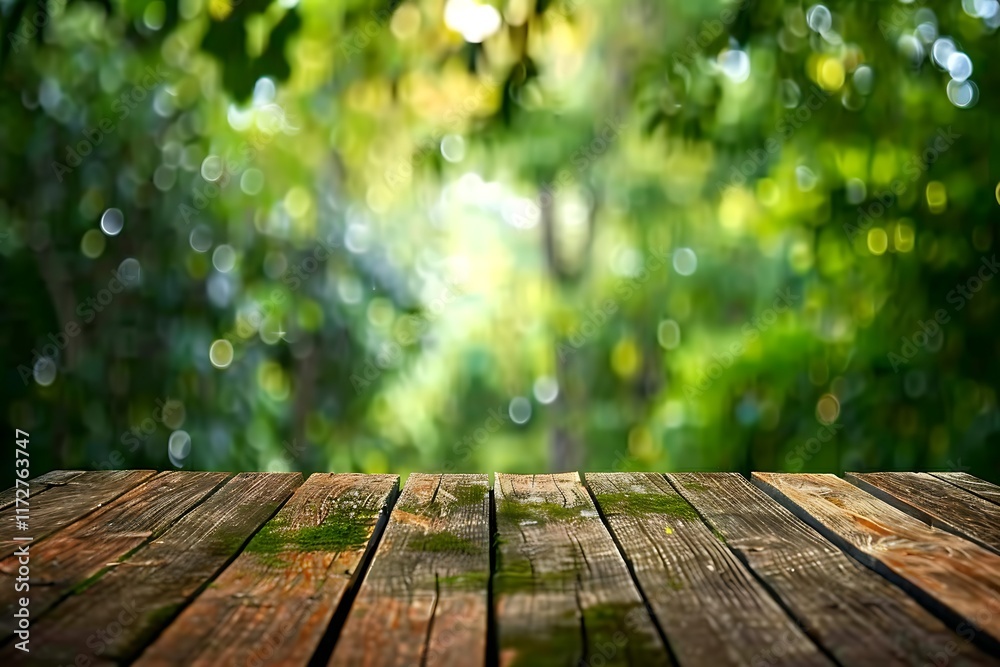 Wooden Table Surface in Nature with Blurred Green Background Wooden Table Surface in Nature with Blurred Green Background