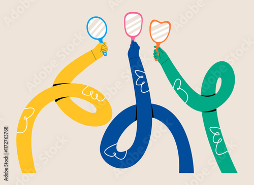 Funny long hands holding mirror different. Colorful vector illustration