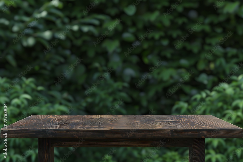 Rustic Wooden Table with Green Foliage Background for Display Rustic Wooden Table with Green Foliage Background for Display