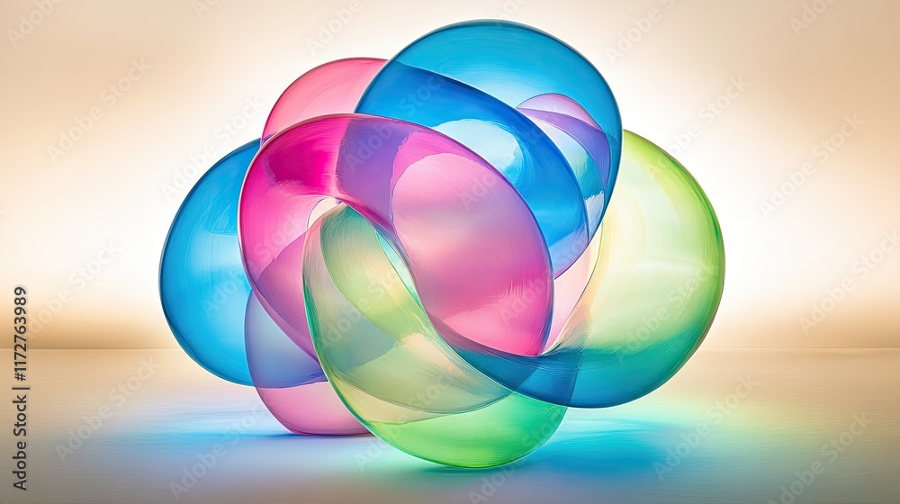 A colorful, intertwined structure made of translucent shapes, showcasing light and form.