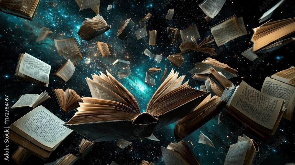 Fototapeta premium A creative representation of knowledge as a galaxy of glowing books and letters swirling in space