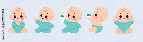 Adorable Baby Illustrations Five Poses Cute Cartoon Infants Smiling Playing Bottle Feeding