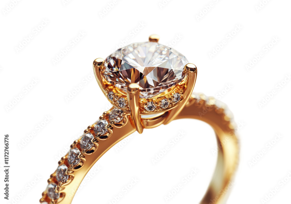 Golden engagement ring with large sparkling diamond in prong setting, luxury jewelry for weddings or proposals, high-quality craftsmanship, elegant design, isolated on transparent background Golden engagement ring with large sparkling diamond in prong setting, luxury jewelry for weddings or proposals, high-quality craftsmanship, elegant design, isolated on transparent background