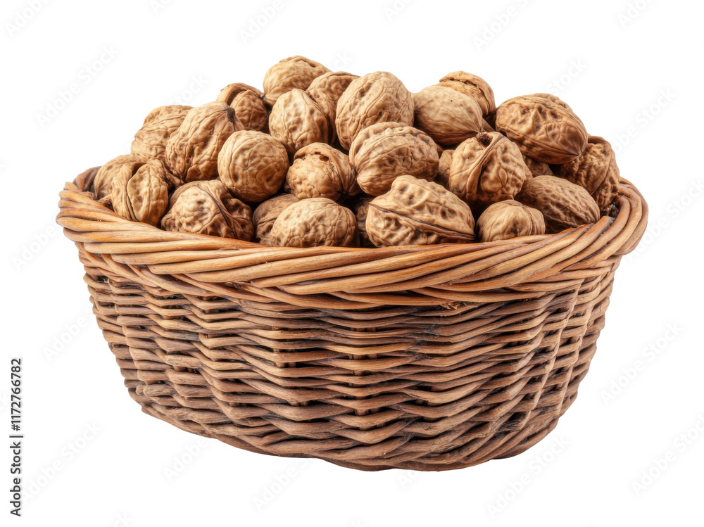 Basket filled with fresh walnuts, perfect for food photography, natural product visuals, or culinary projects isolated on transparent background. Basket filled with fresh walnuts, perfect for food photography, natural product visuals, or culinary projects isolated on transparent background.