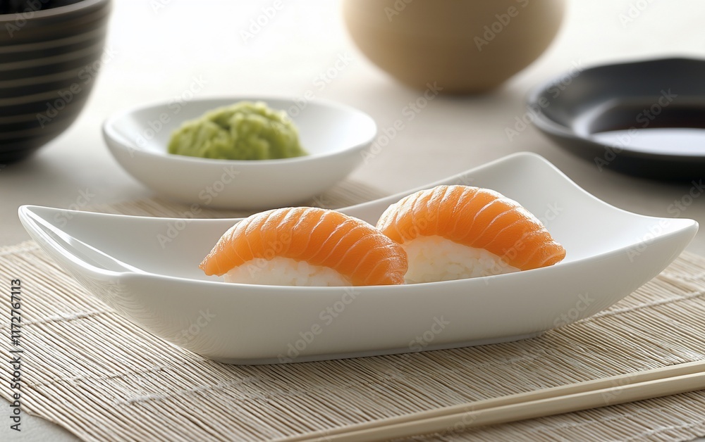 Two pieces of salmon nigiri sushi on a white plate with wasabi and soy sauce. Two pieces of salmon nigiri sushi on a white plate with wasabi and soy sauce.
