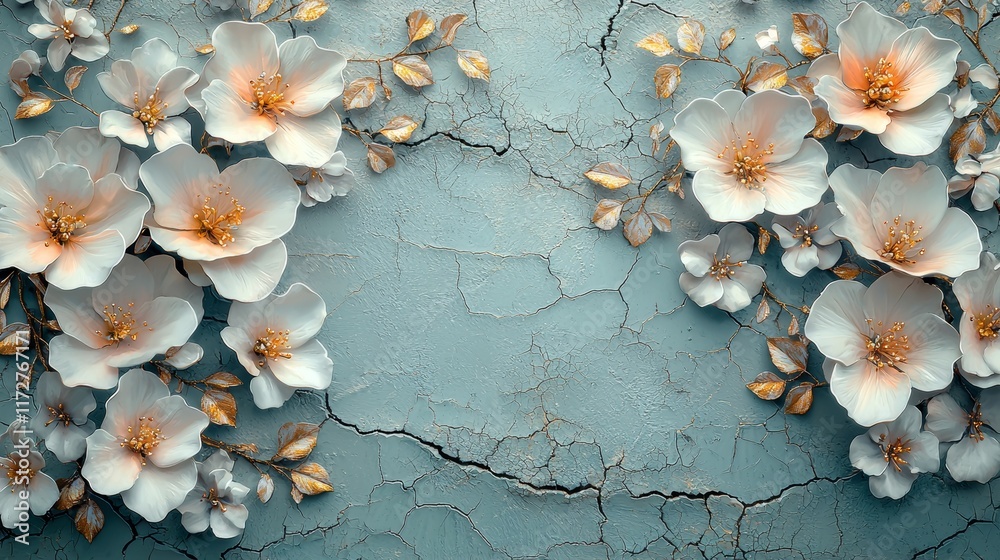 Fototapeta premium Elegant floral design on cracked blue wall still life art creative space calm atmosphere aesthetic view