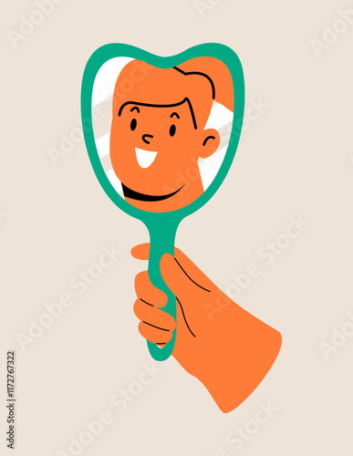 Self love, self care concept. Woman staring at mirror reflection. Colorful vector illustration