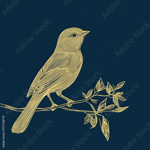 A golden line art depiction of a bird perched on a leafy branch against a dark background, showcasing elegant details. the minimalist design highlights the bird's form with intricate lines photo