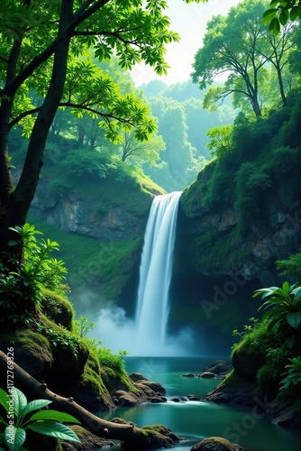 Verdant forest canopy over a serene globe landscape, waterfalls, forests, nature