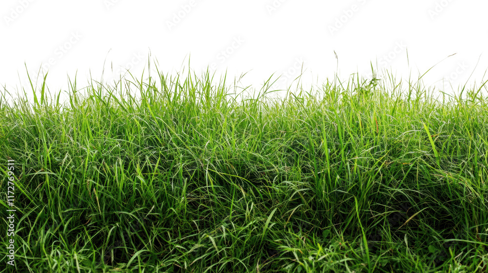 Fototapeta premium Fresh green grass blades growing in dense lush row, vibrant natural lawn, bright greenery, spring nature background, and outdoor landscape isolated on transparent background