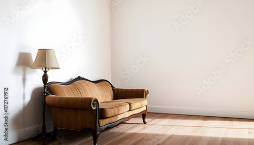 vintage sofa and lamp on white wall, angled photoshot