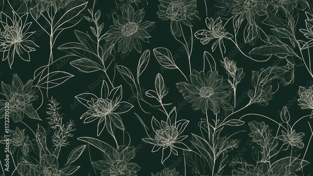 Fototapeta premium Stylish monochrome floral pattern featuring delicate line art on dark green background