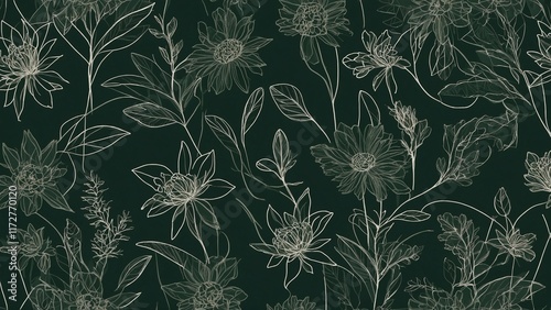 Stylish monochrome floral pattern featuring delicate line art on dark green background