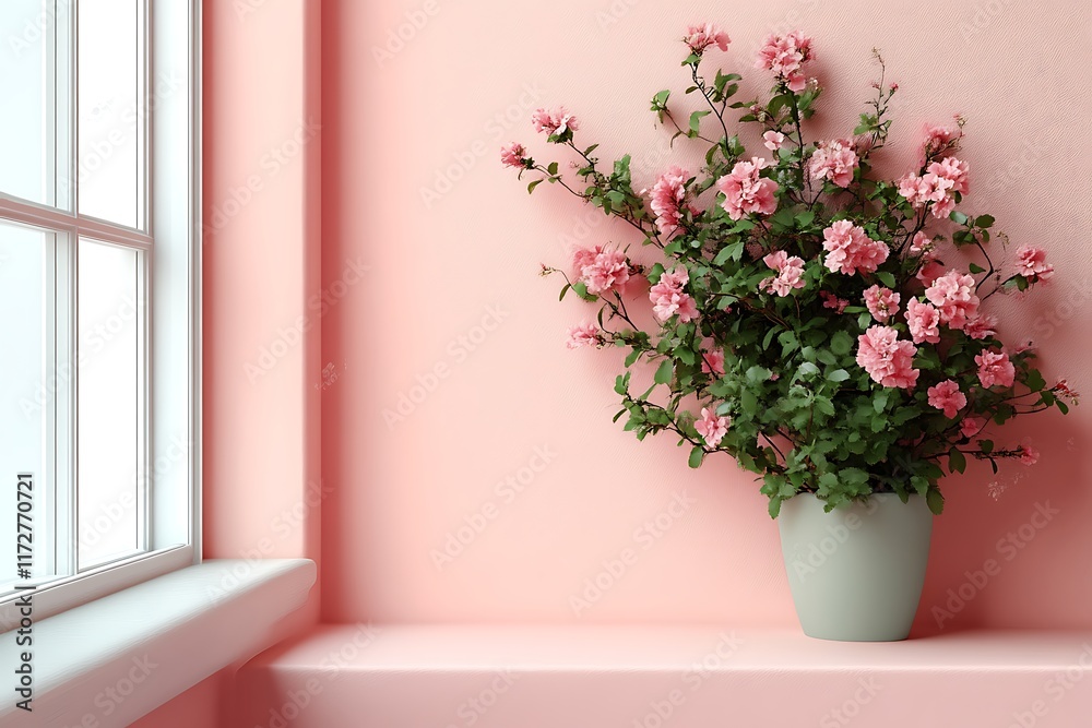 Fototapeta premium Pink flowers in pot by window.