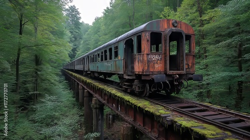 A train traveling over a bridge in the woods