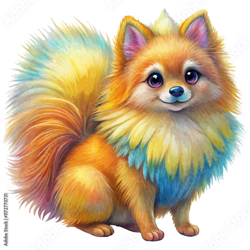Pomeranian Spitz with a fluffy tail, shown in a full-body pose on a white background. The dog's vibrant fur and playful character make it ideal for pet illustrations, logos, or digital art.