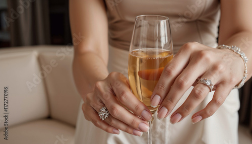Close-up of hands with elegant diamond jewelry holding a champagne glass, luxury concep