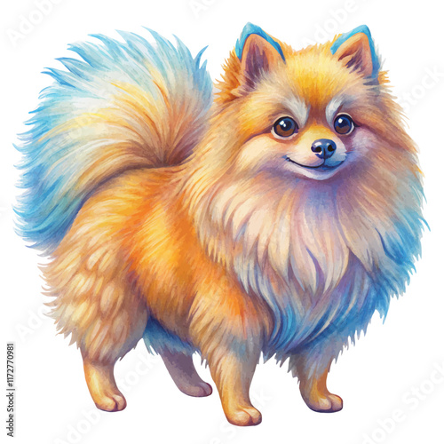 Pomeranian Spitz with a fluffy tail, shown in a full-body pose on a white background. The dog's vibrant fur and playful character make it ideal for pet illustrations, logos, or digital art.