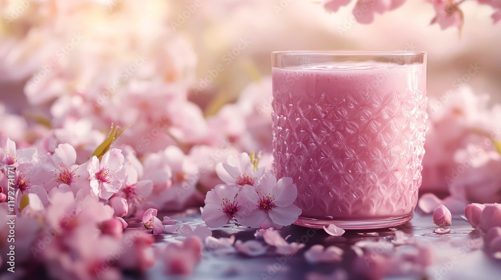 Vibrant Spring Smoothie with Blossoming Flowers and Sunlit Background Vibrant Spring Smoothie with Blossoming Flowers and Sunlit Background