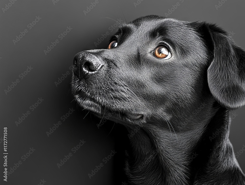 Fototapeta premium A black dog looking up at the sky with a black background