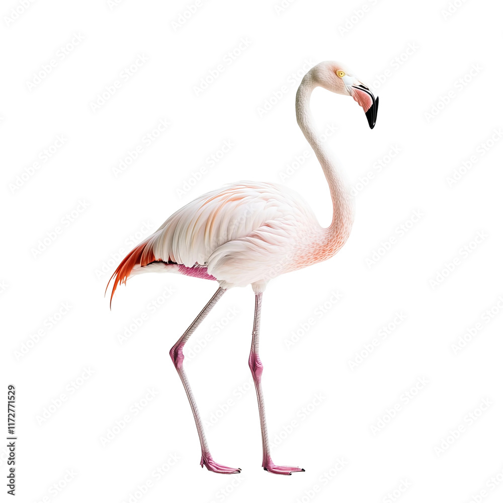 American Flamingo Portrait: A single American flamingo stands gracefully against a white background, showcasing its vibrant pink and white plumage, long legs, and elegant curved neck.