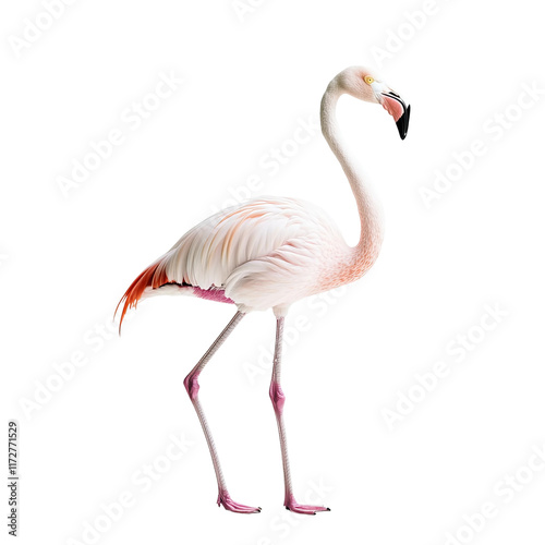 Obraz na płótnie American Flamingo Portrait: A single American flamingo stands gracefully against a white background, showcasing its vibrant pink and white plumage, long legs, and elegant curved neck. w salonie