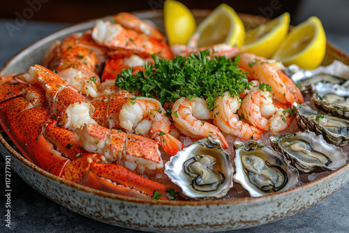 Chilled lobster, shrimp, oysters on ice with lemon & parsley garnish photo