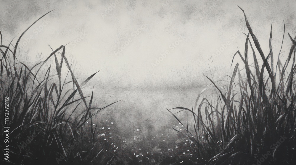 Obraz premium Monochromatic Painting of Tall Grasses Near Water