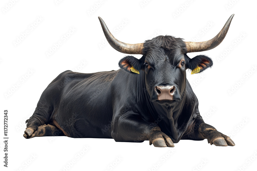 Naklejka premium Black bull resting on the ground, strong muscular frame, large horns, detailed texture, farm animal, and agricultural livestock imagery for rural themes isolated on transparent background