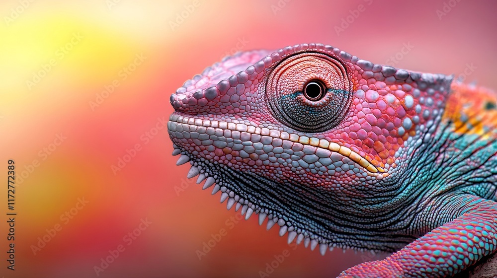 Fototapeta premium A close up of a chameleon's face on a colorful background
