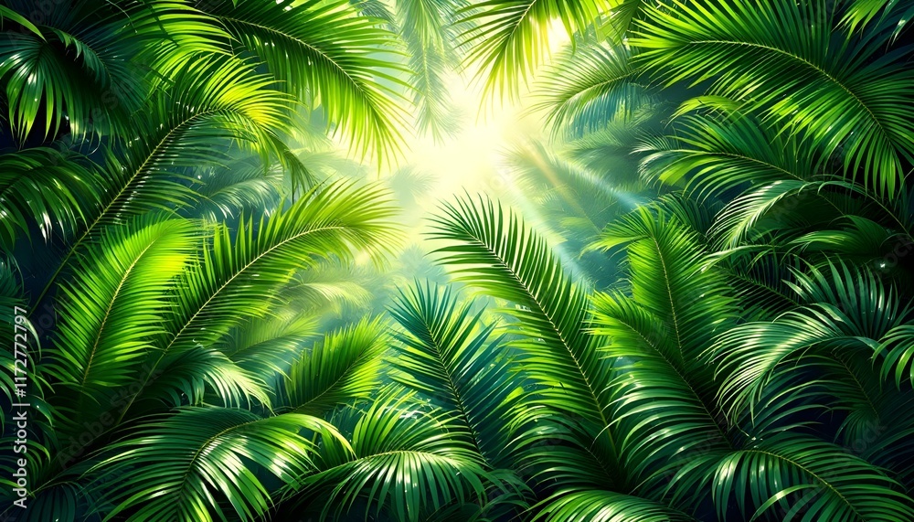A view of lush jungle reveals a mesmerizing pattern of green palm leaves, creating a stunning abstract art piece that exudes beauty in vibrant and positive light of a pleasant summer day, ai generated A view of lush jungle reveals a mesmerizing pattern of green palm leaves, creating a stunning abstract art piece that exudes beauty in vibrant and positive light of a pleasant summer day, ai generated