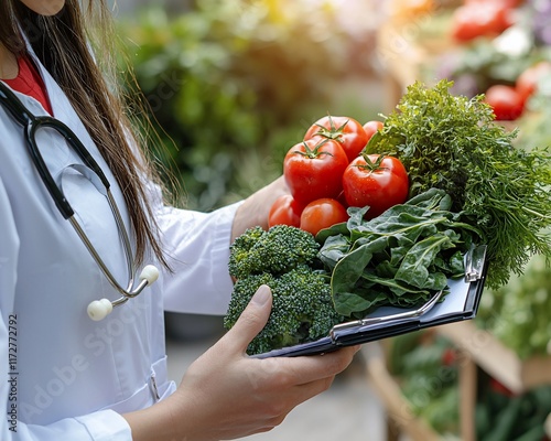 Doctor holding fresh vegetables, healthy eating. photo