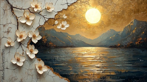 Blossoming flower landscape at sunset scenic lake view oil painting art serene nature vibrant colors