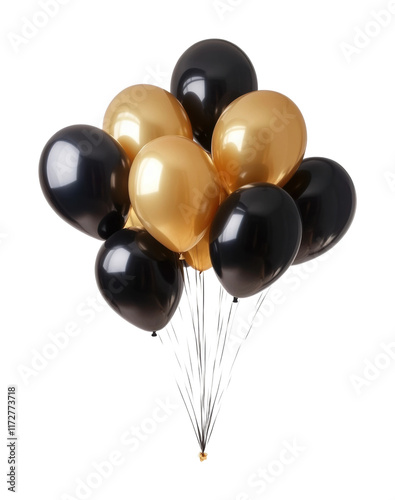 Glossy black and gold helium balloons tied together, festive party decorations, elegant birthday celebration, shiny metallic balloons, luxury event decor isolated on transparent background